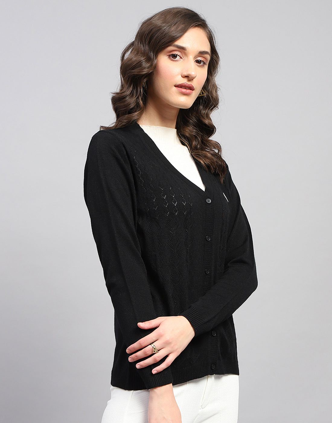 Women Black Self Design V Neck Full Sleeve Cardigan