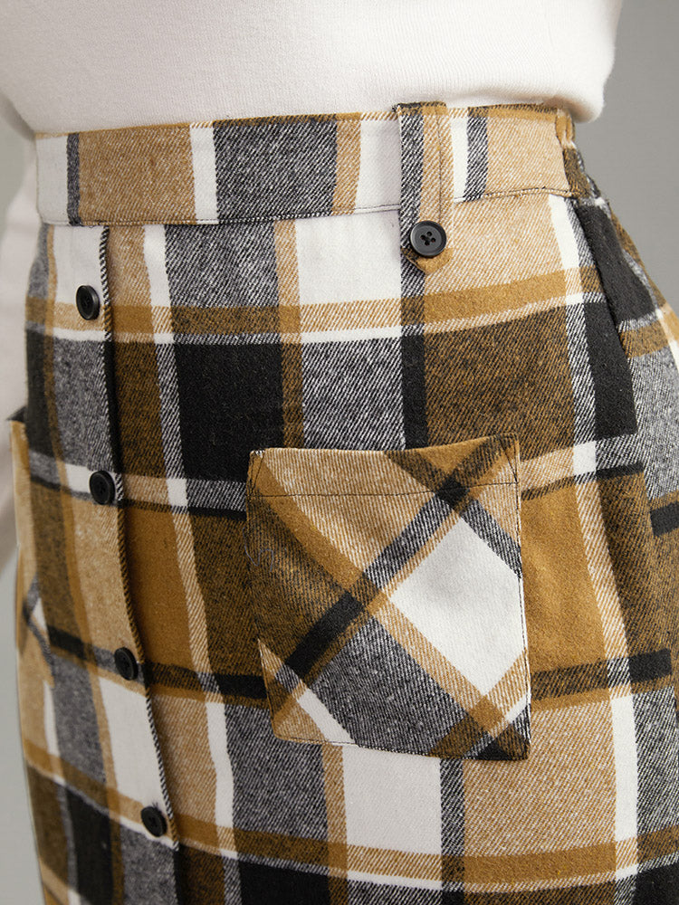 Plaid Button Detail Patched Pocket Skirt