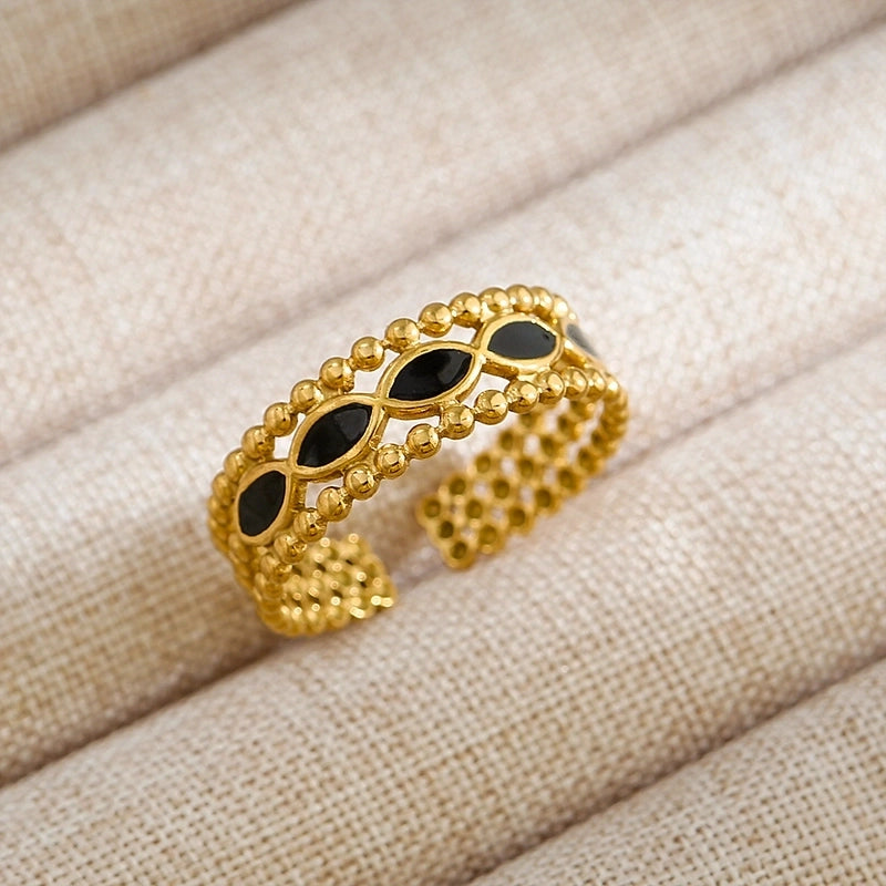 Rock Oversized Leaves Eye Flower 304 Stainless Steel Gem 18K Gold Plated Inlay Open Rings