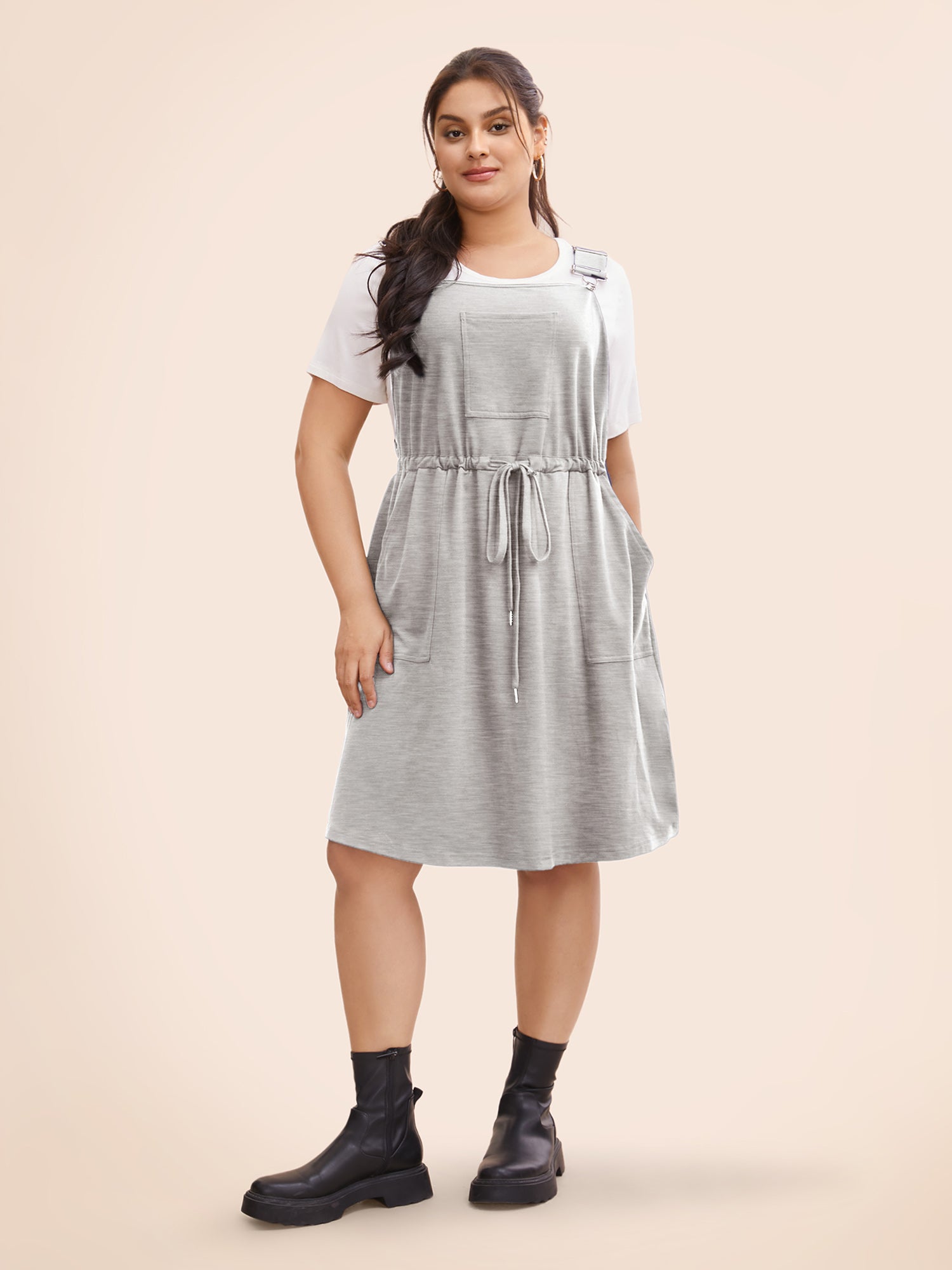 Plain Pocket Drawstring Overall Dress