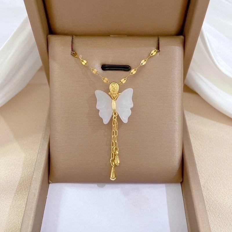 Minimalist Butterfly Titanium Steel Copper Plating Inlay Zircon Pendant Necklace