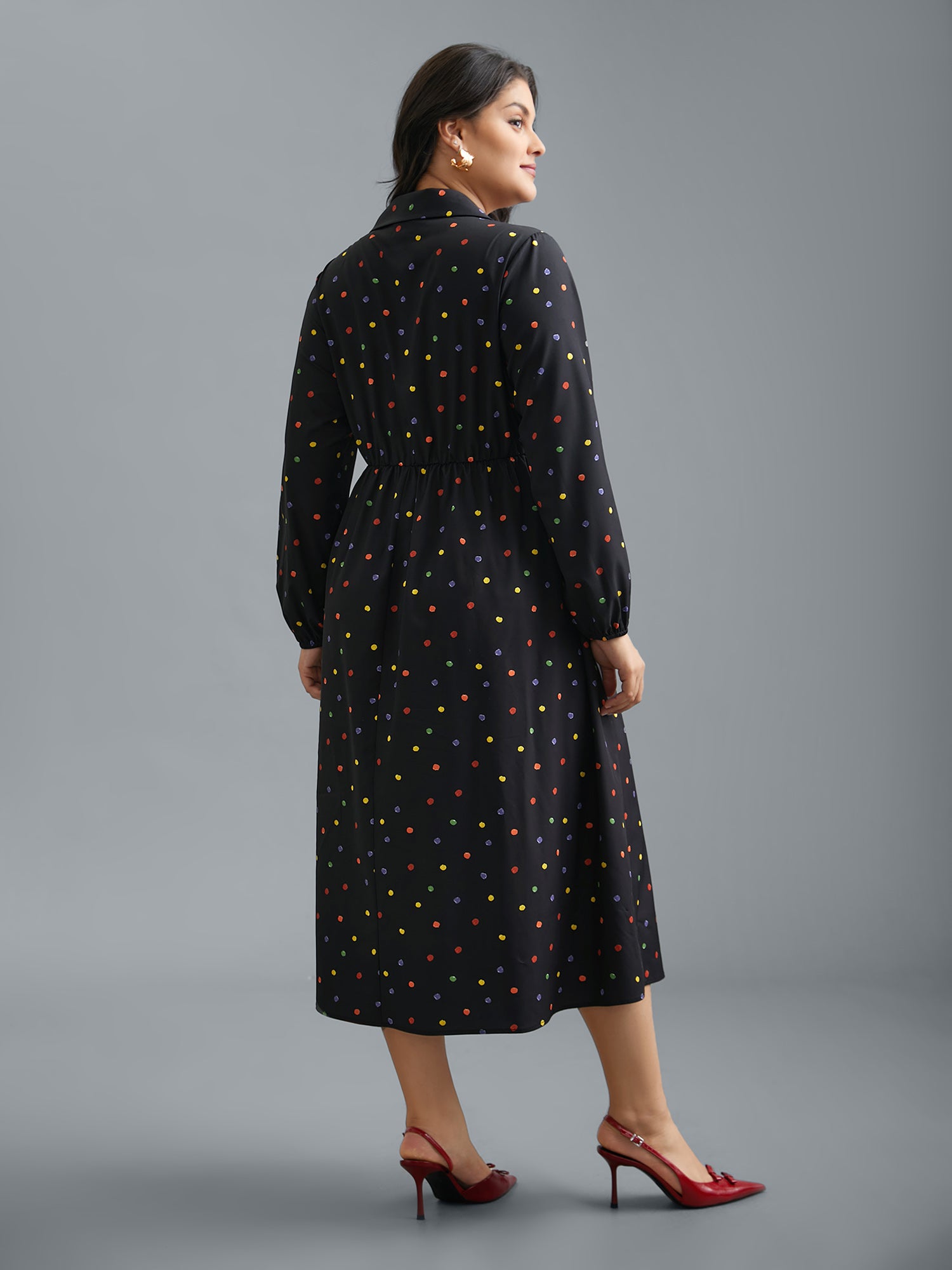 Shirt Collar Colored Polka Dot Dress