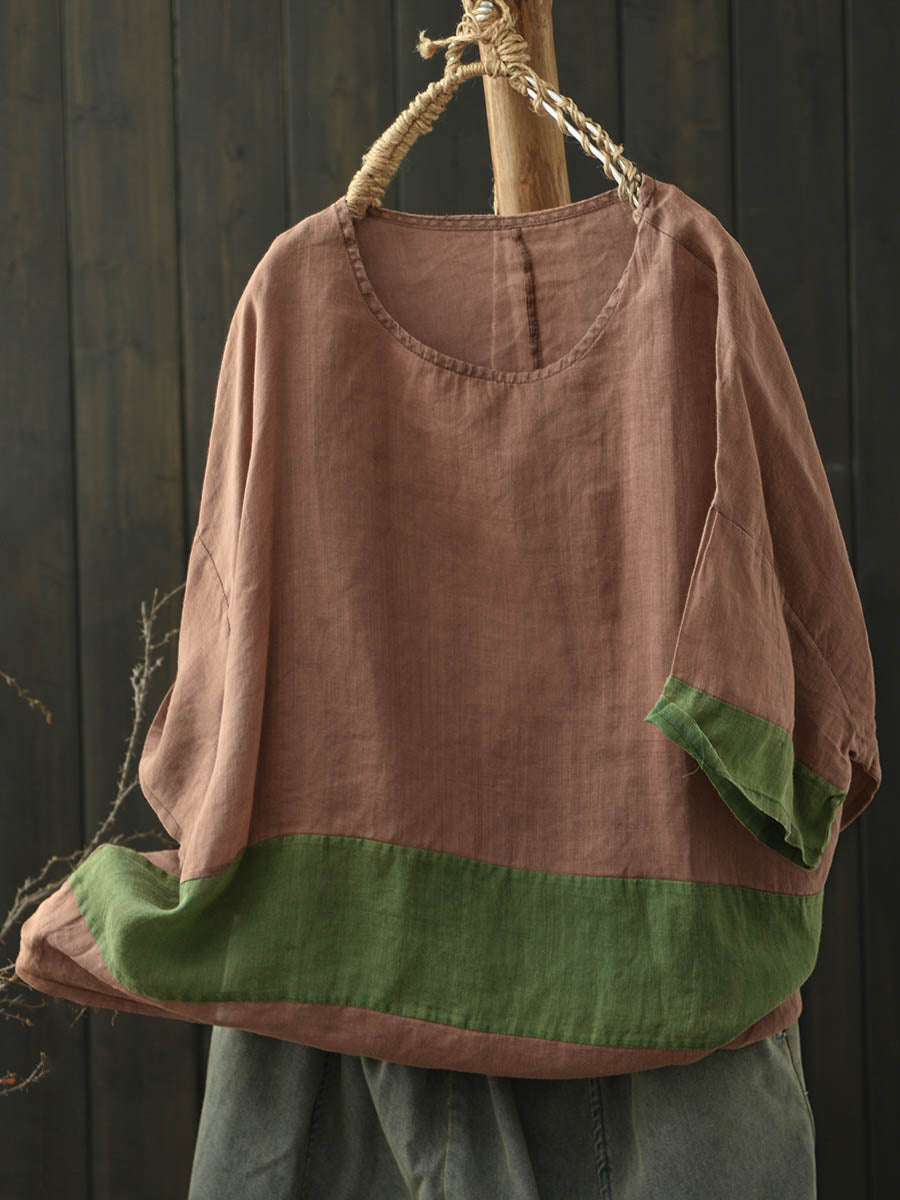 Women Summer Retro Colorblock O-Neck Raime Shirt