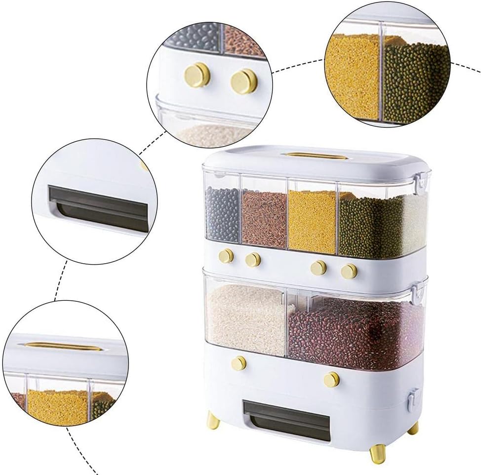 Rice Grain Storage Container. Multi-Division Grid Widely Used Rice Storage Box Dispenser (6 Grids White)