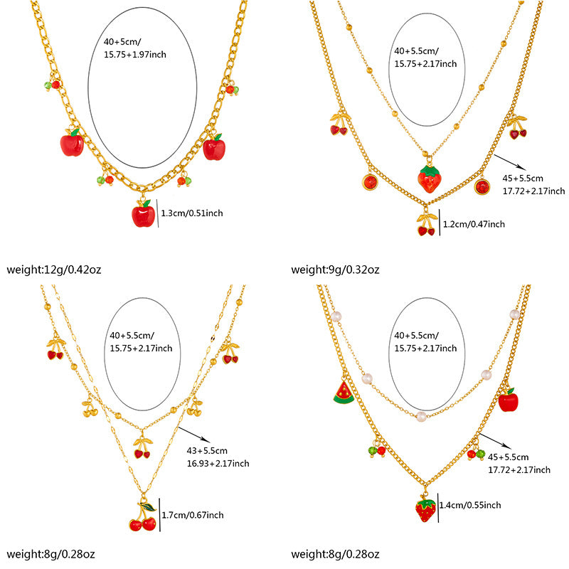 Fashion Cartoon Fruit Series Three-Dimensional Design Red Oil Drop Strawberry Cherry Apple Pendant Necklace