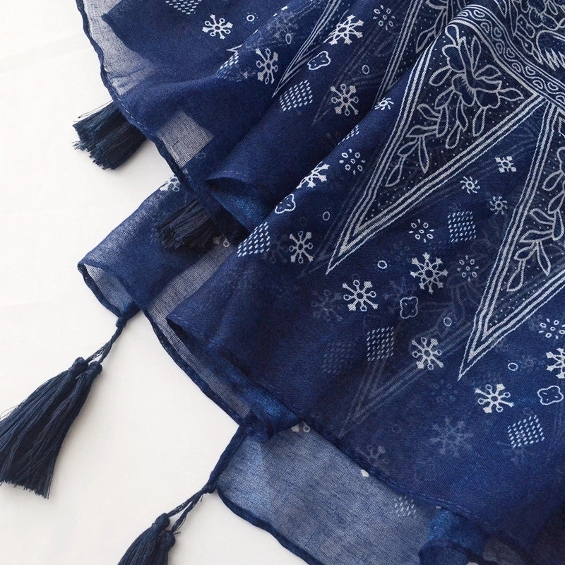 Women's Retro Ethnic Style Printing Cotton Tassel Scarf