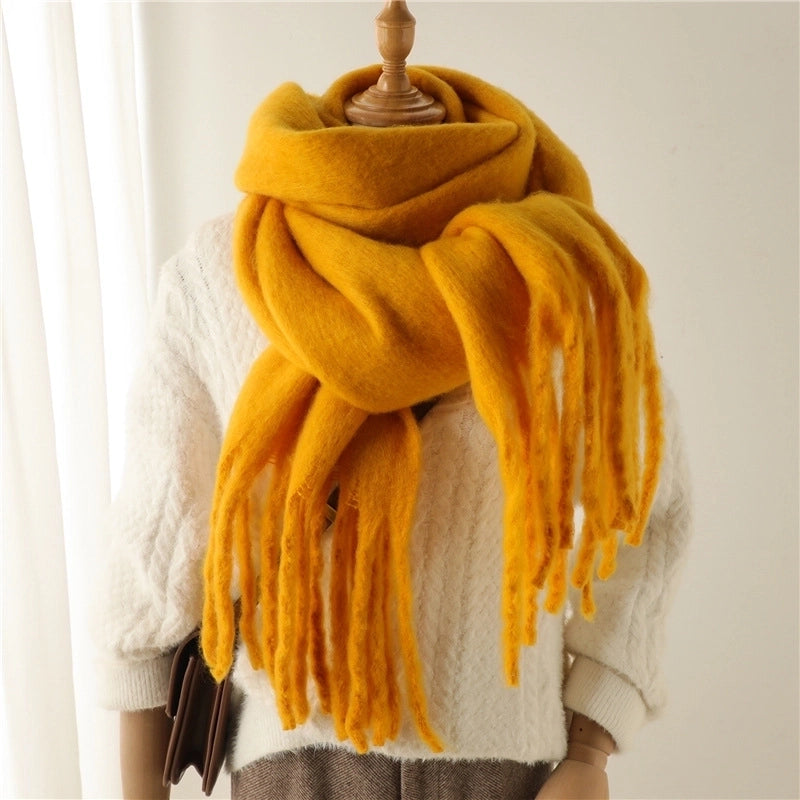 Mohair Scarf Pure Color All-matching Winter Warm Lengthened Fringe Bib Scarf Men's And Women's European And American Export Thick Scarf
