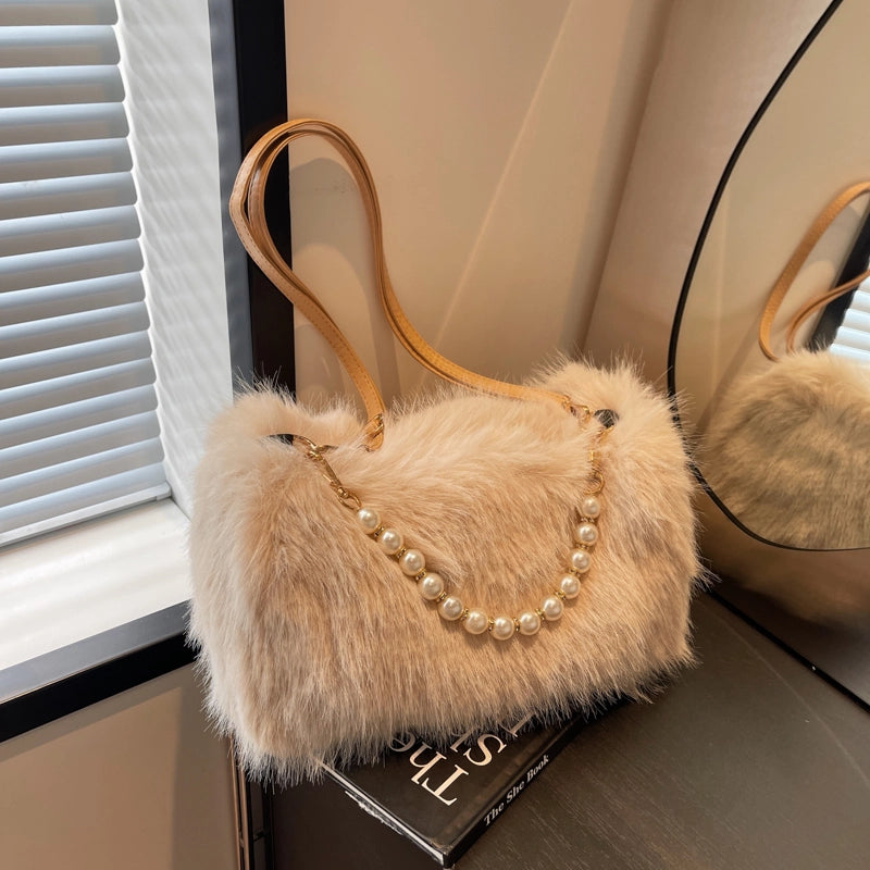 Women's Plush Solid Color Streetwear Square Zipper Shoulder Bag