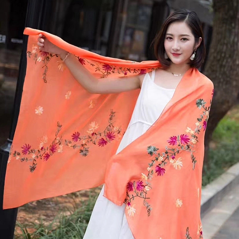 Women's Classic Style Flower Cotton And Linen Embroidery Scarf
