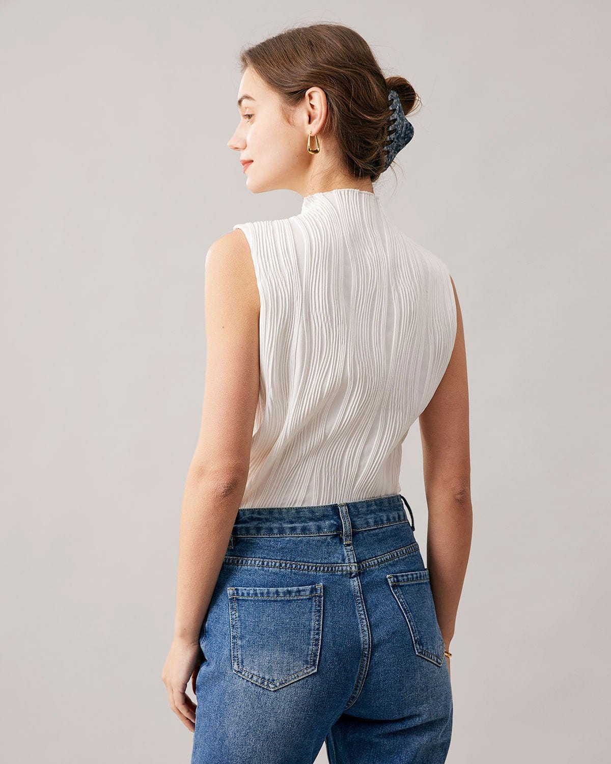 The Solid Mock Neck Water Ripple Textured Tank Top