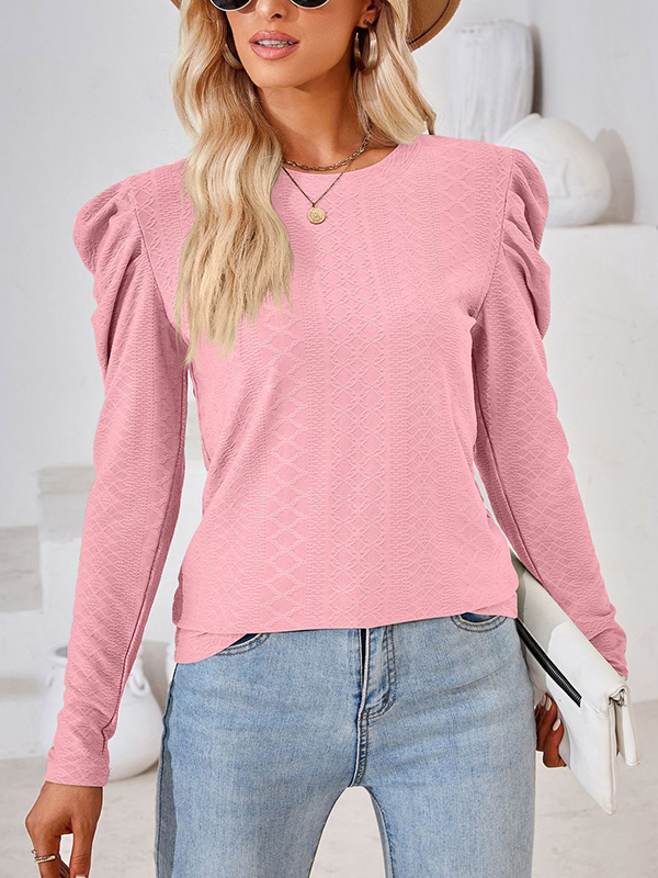 Long Sleeves Loose Pleated Solid Color Round-Neck T-Shirts Tops
