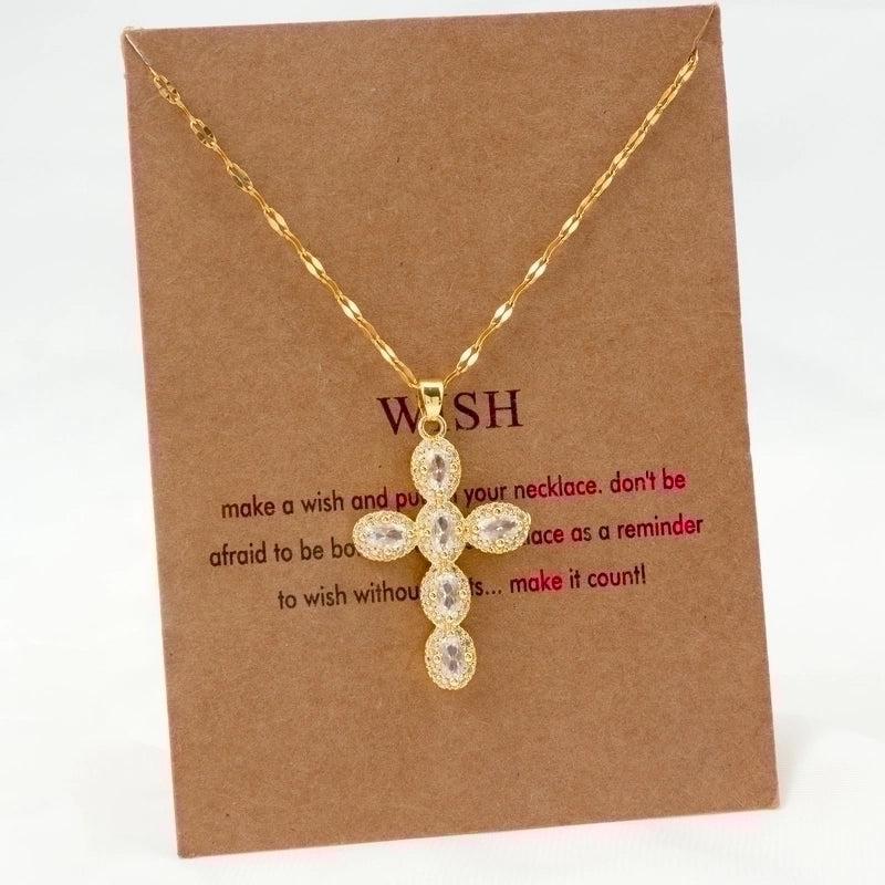 Stainless Steel 18K Gold Plated Vintage Style Plating Inlay Geometric Cross Rhinestones Pearl Zircon Pendant Necklace
