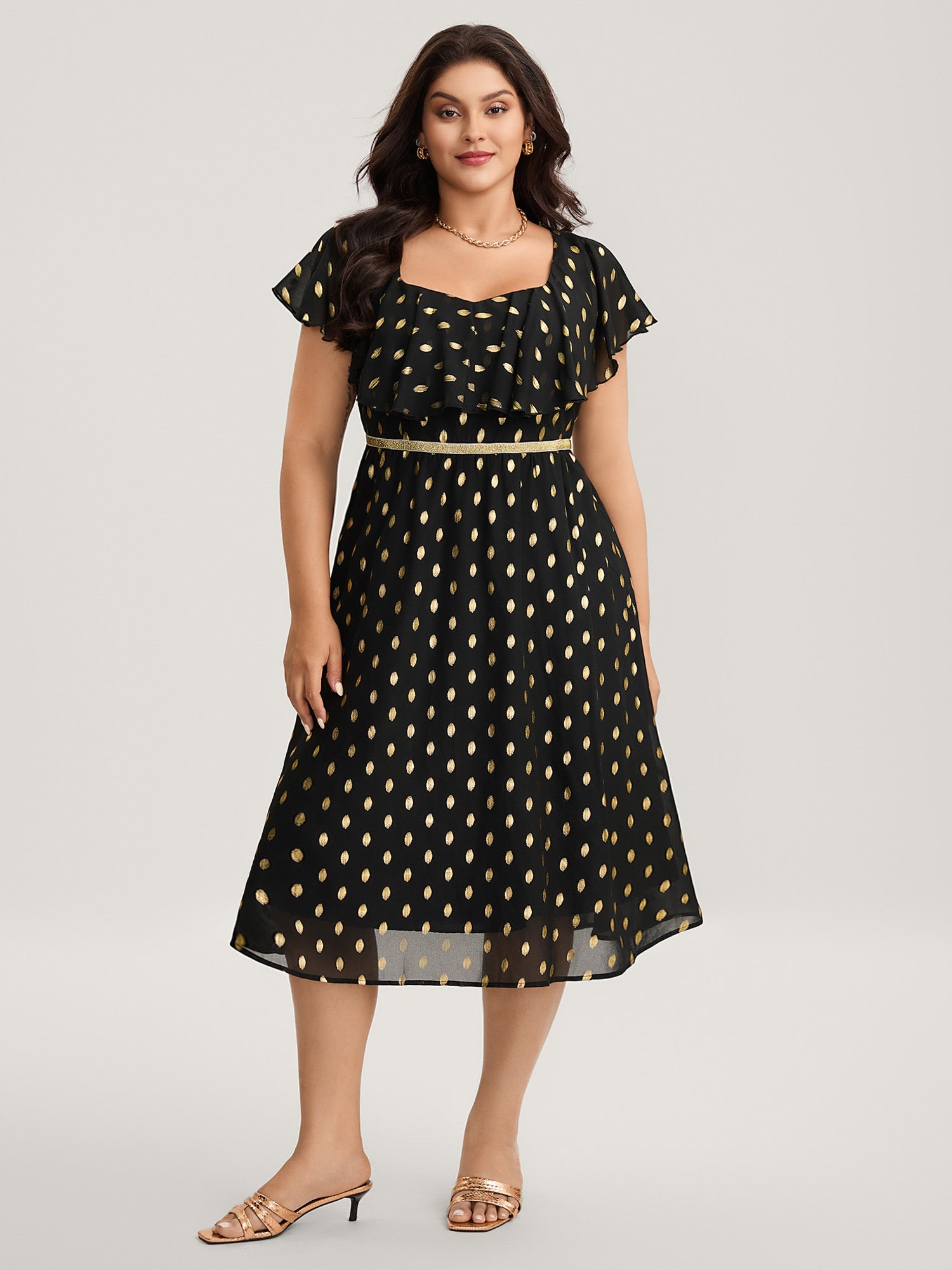 Shimmery Polka Dot Stretchy Waist Midi Dress
