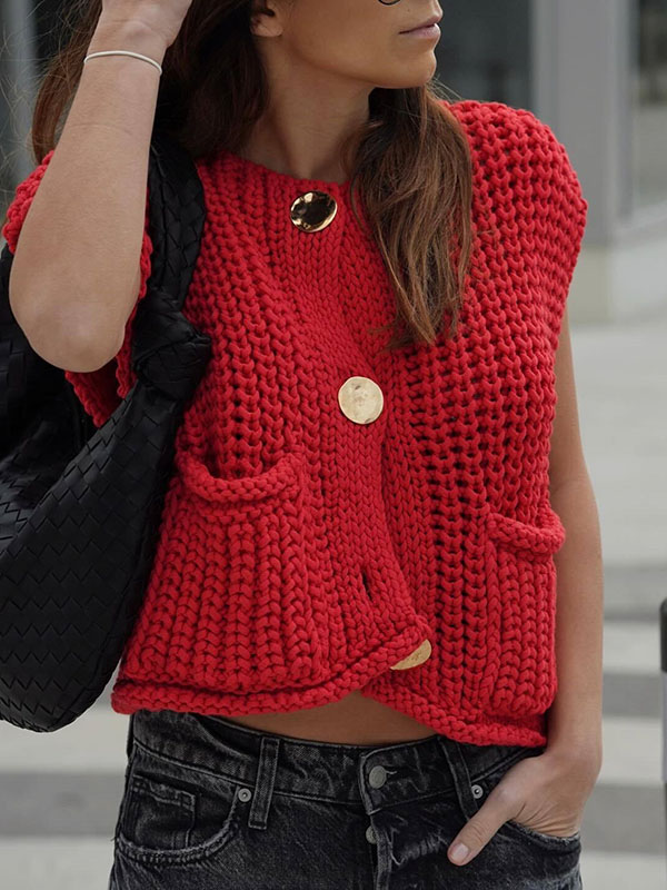 Loose Sleeveless Buttoned Pockets V-Neck Vest Outerwear