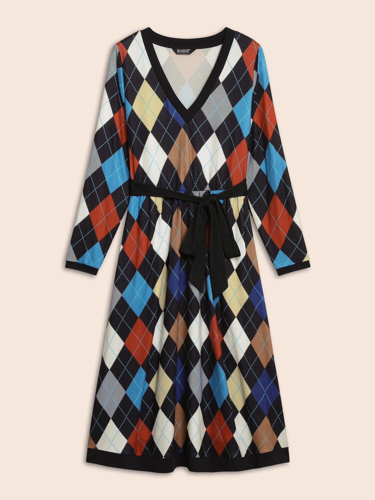 V Neck Colorblock Contrast Belted Dress