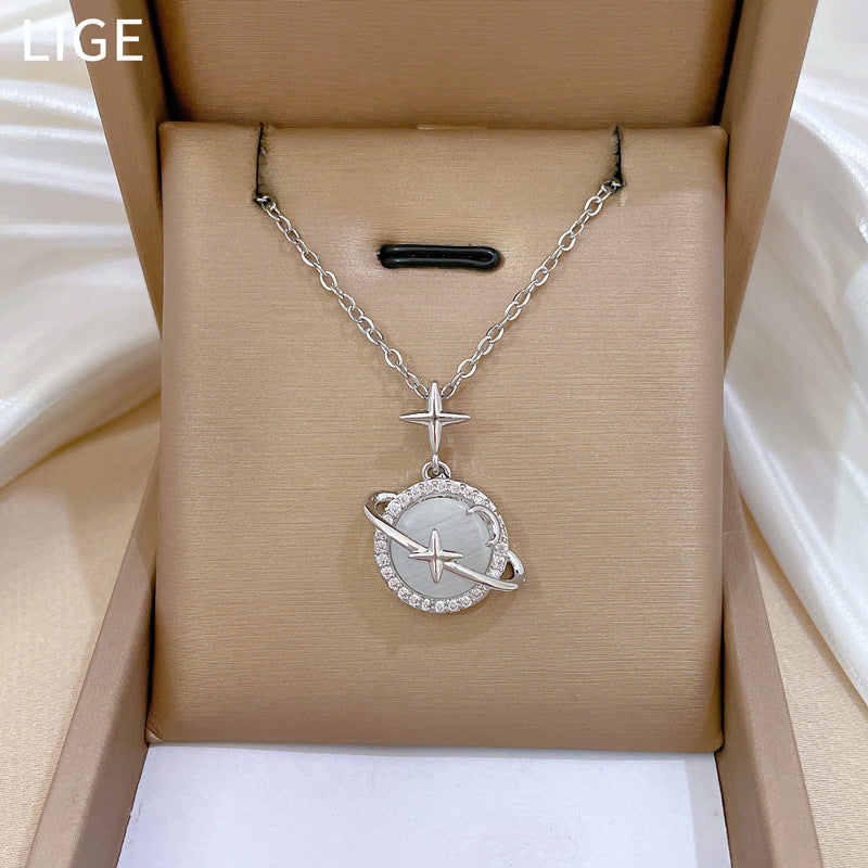 Micro-Inlaid Real Gold Cat'S Eye Planet Necklace Female Clavicle Chain Niche Design