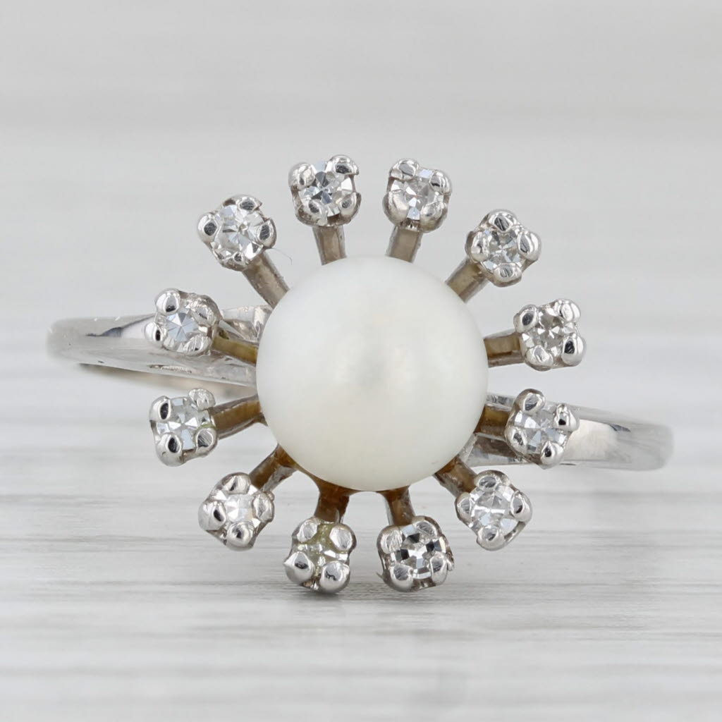 Vintage Cultured Pearl 0.15ctw Diamond Halo Ring 14k White Gold Size 9.25