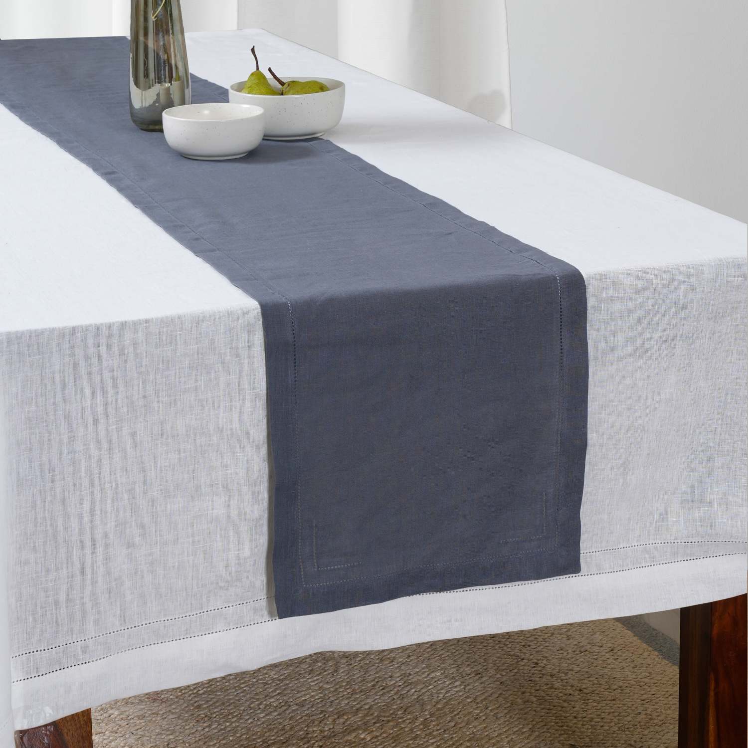 Charcoal Gray 100% Linen Incomplete Hemstitch Table Runner 72