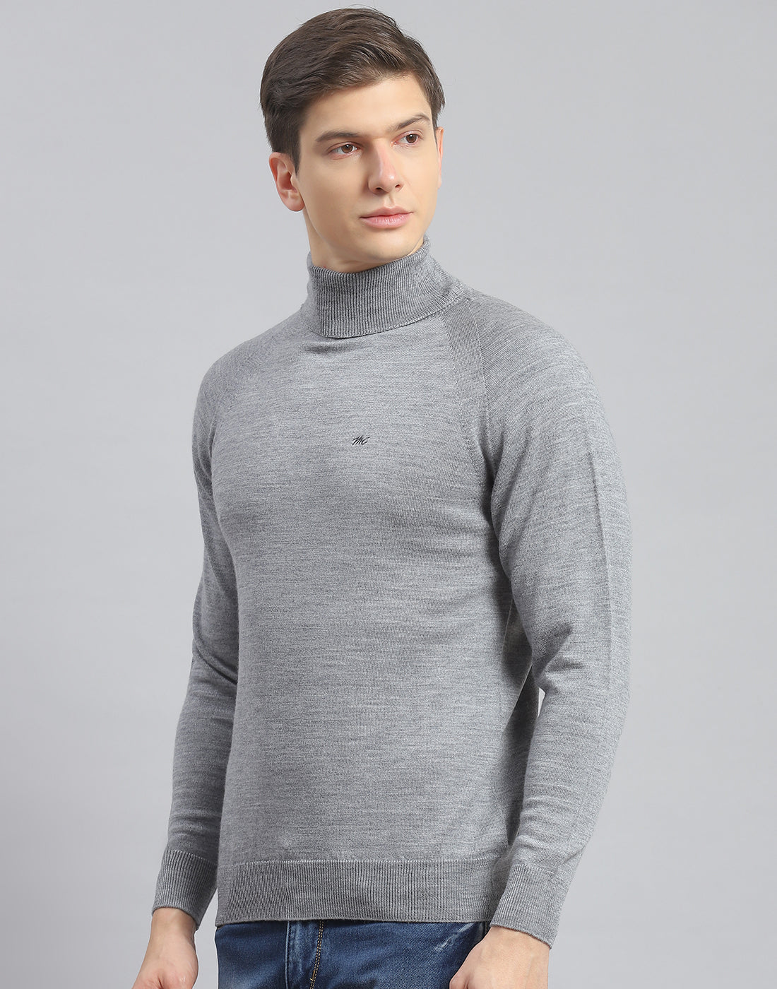 Men Grey Melange Solid High Neck Full Sleeve Pullover