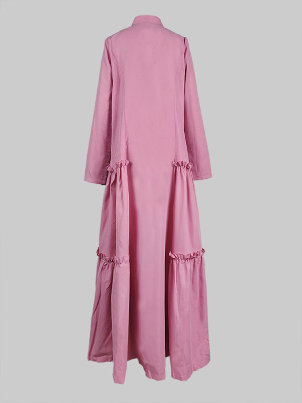 A-Line Long Sleeves Buttoned Layered Pleated Pockets Ruffled Solid Color Split-Joint Stand Collar Maxi Dresses