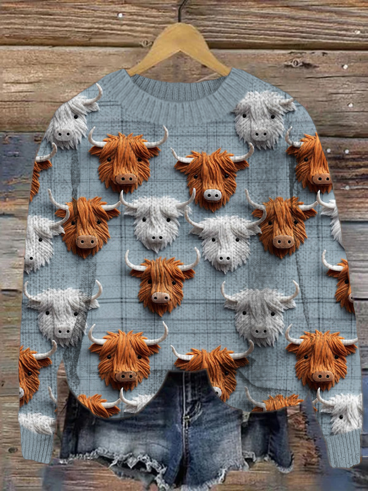 Highland Cow Print Cozy Crew Neck Sweater