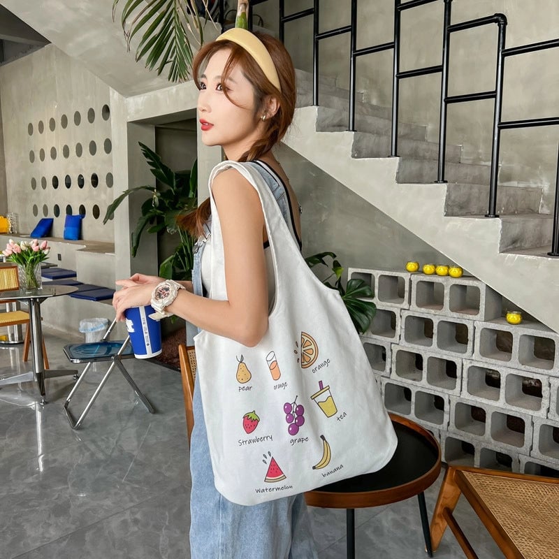 Women's Large Canvas Cartoon Fruit Cute Streetwear Square Open Canvas Bag