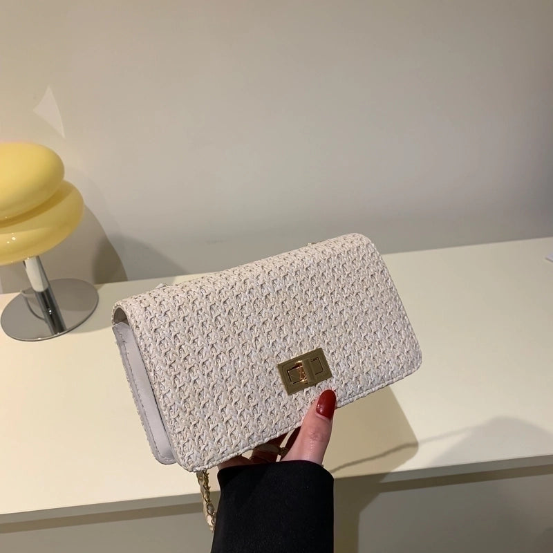 Women's Straw Solid Color Vacation Metal Button Square Lock Clasp Crossbody Bag