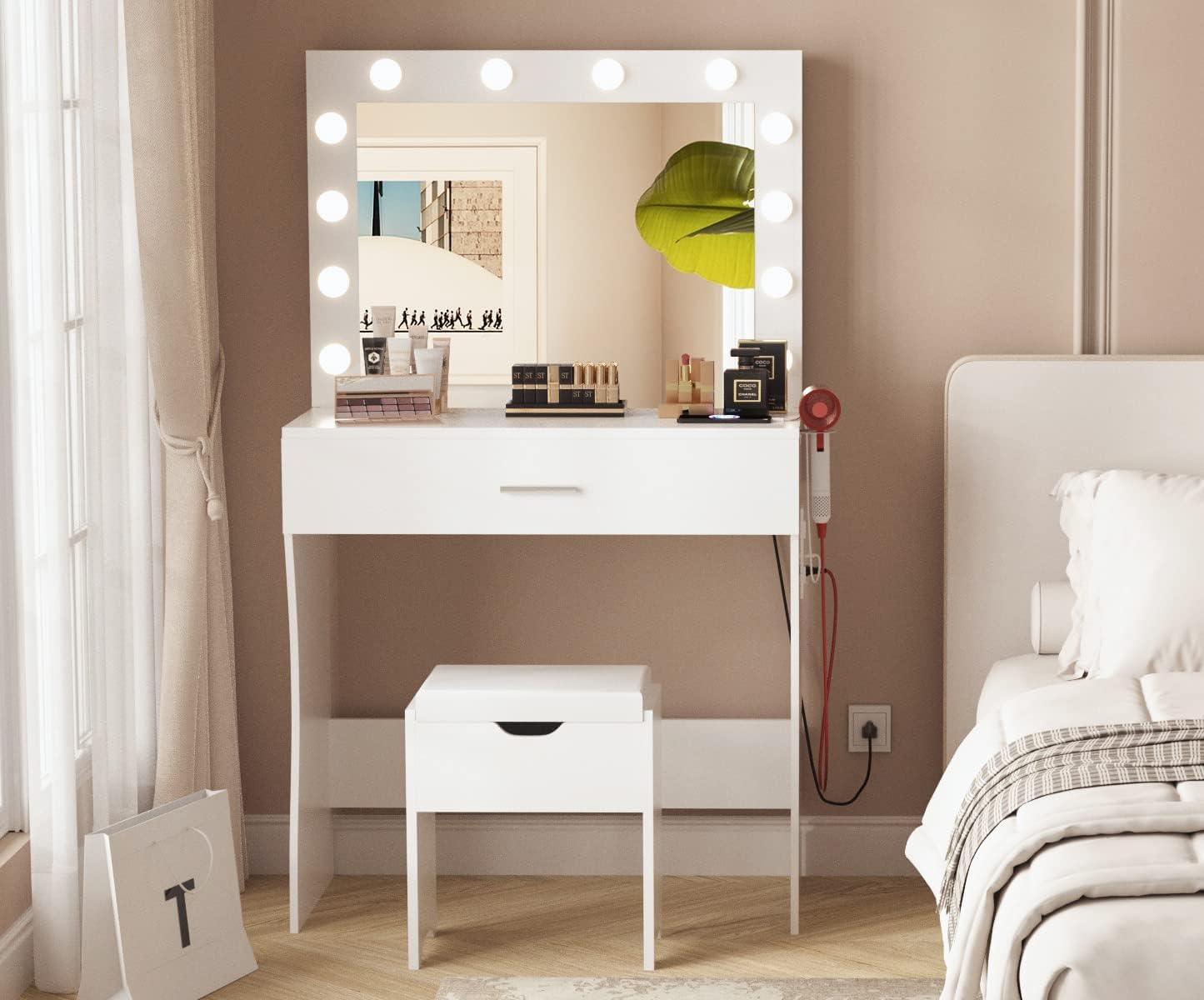 Vanity Table Set with Lighted Mirror - Makeup Vanity with Charging Station