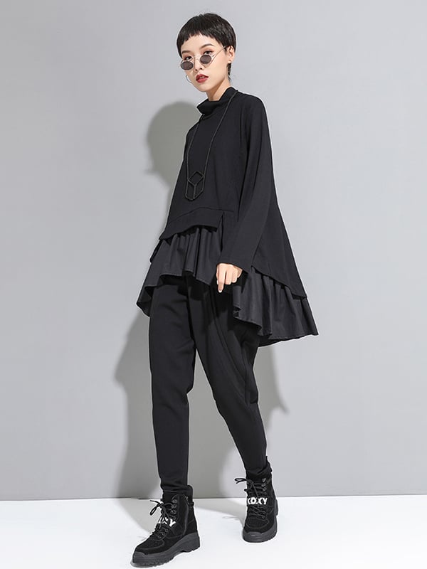 High-Low A-Line Falbala Split-Joint Split-Back High-Neck T-Shirts Tops