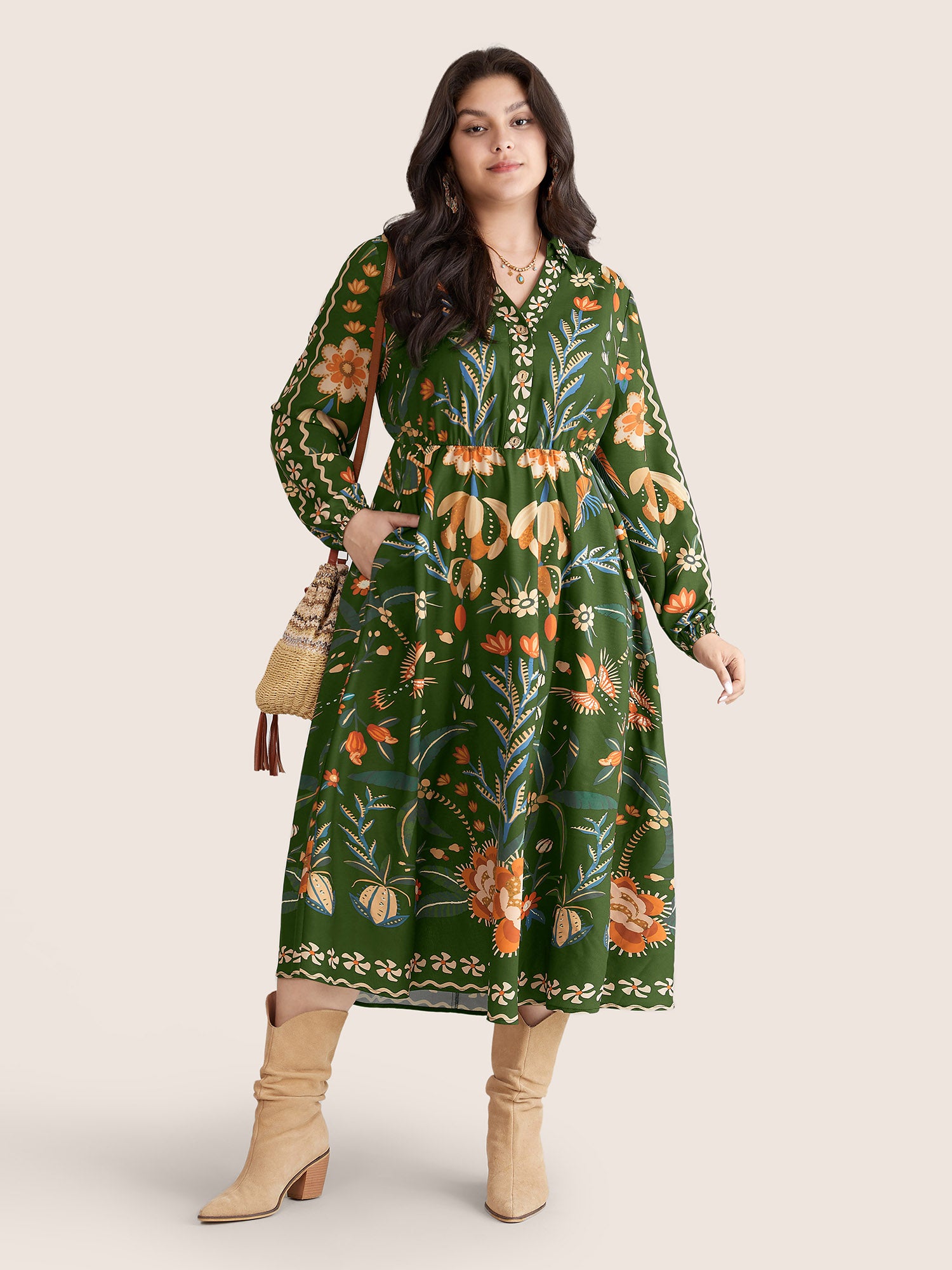 Bandana Print Pocket Lapel Collar Elastic Cuffs Dress