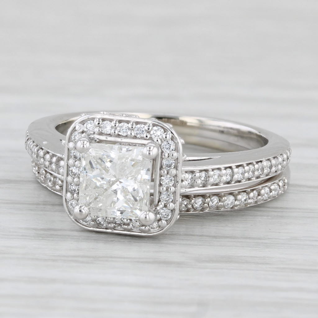1.45ctw Princess Diamond Halo Engagement Ring Wedding Band Bridal Set 14k Gold
