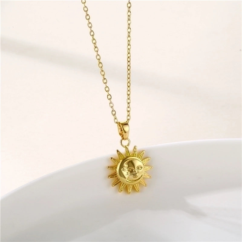 Stainless Steel Titanium Steel 18K Gold Plated INS Style Plating Inlay Sun Heart Shape Whale Zircon Pendant Necklace