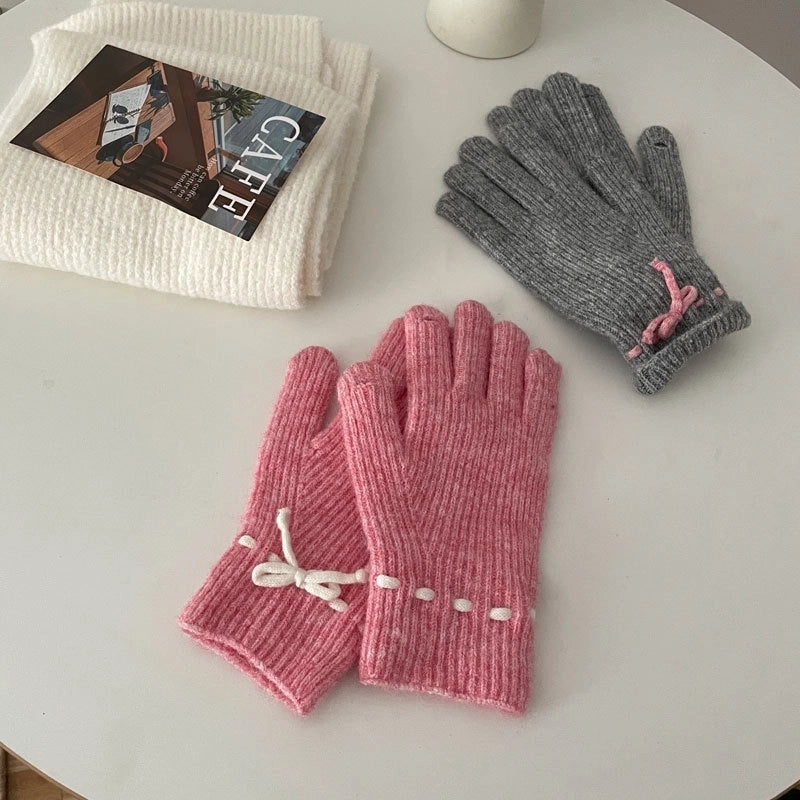 Women's Casual Sweet Bow Knot Spandex Polyester Acrylic Knitted Scarf Hat Gloves