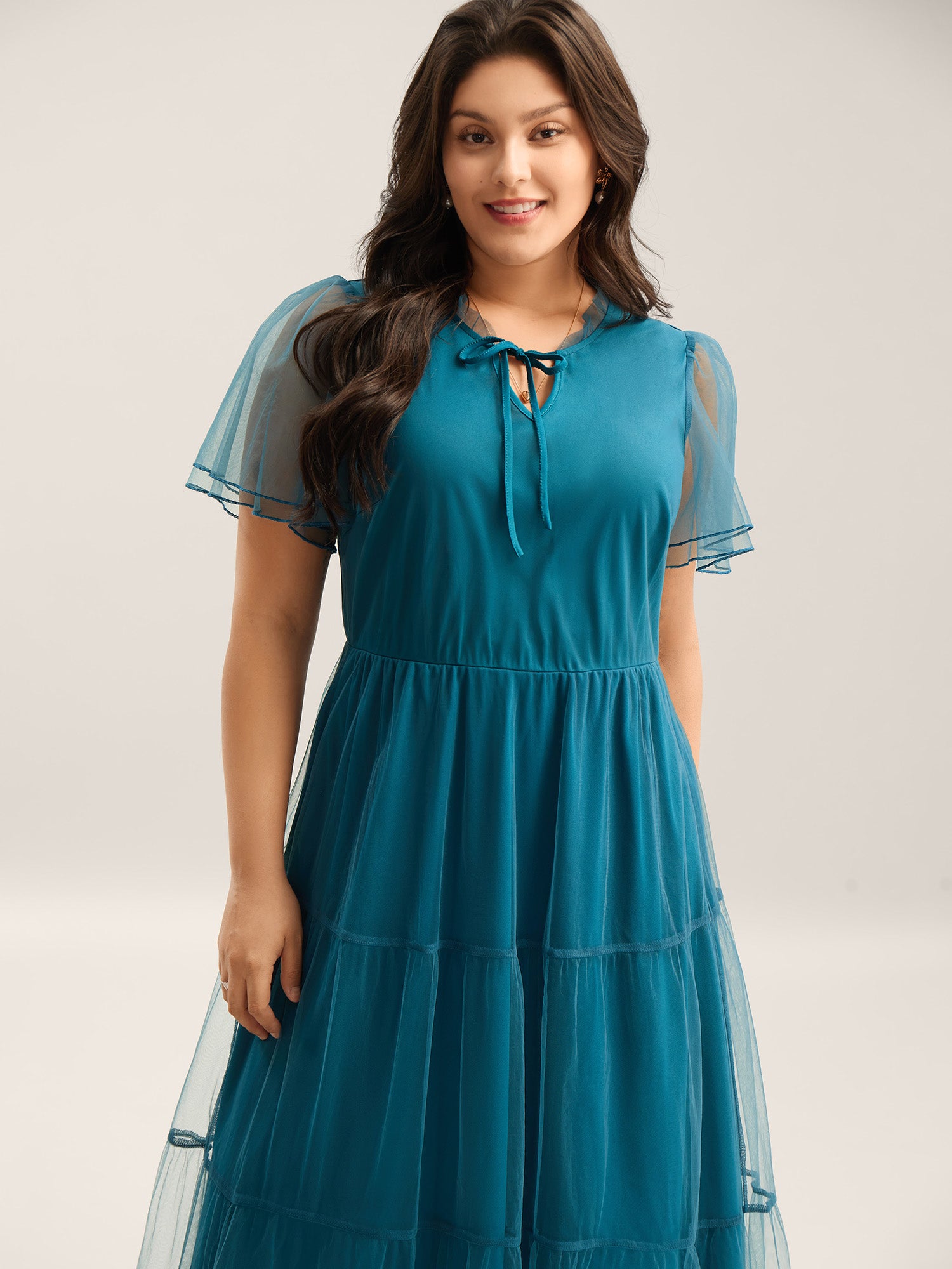 Stretchy Waist Neck Tie Sheer Midi Dress