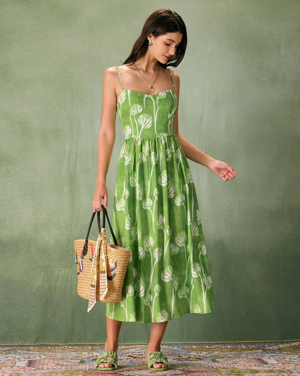 The Green Floral Ruched Slip Midi Dress