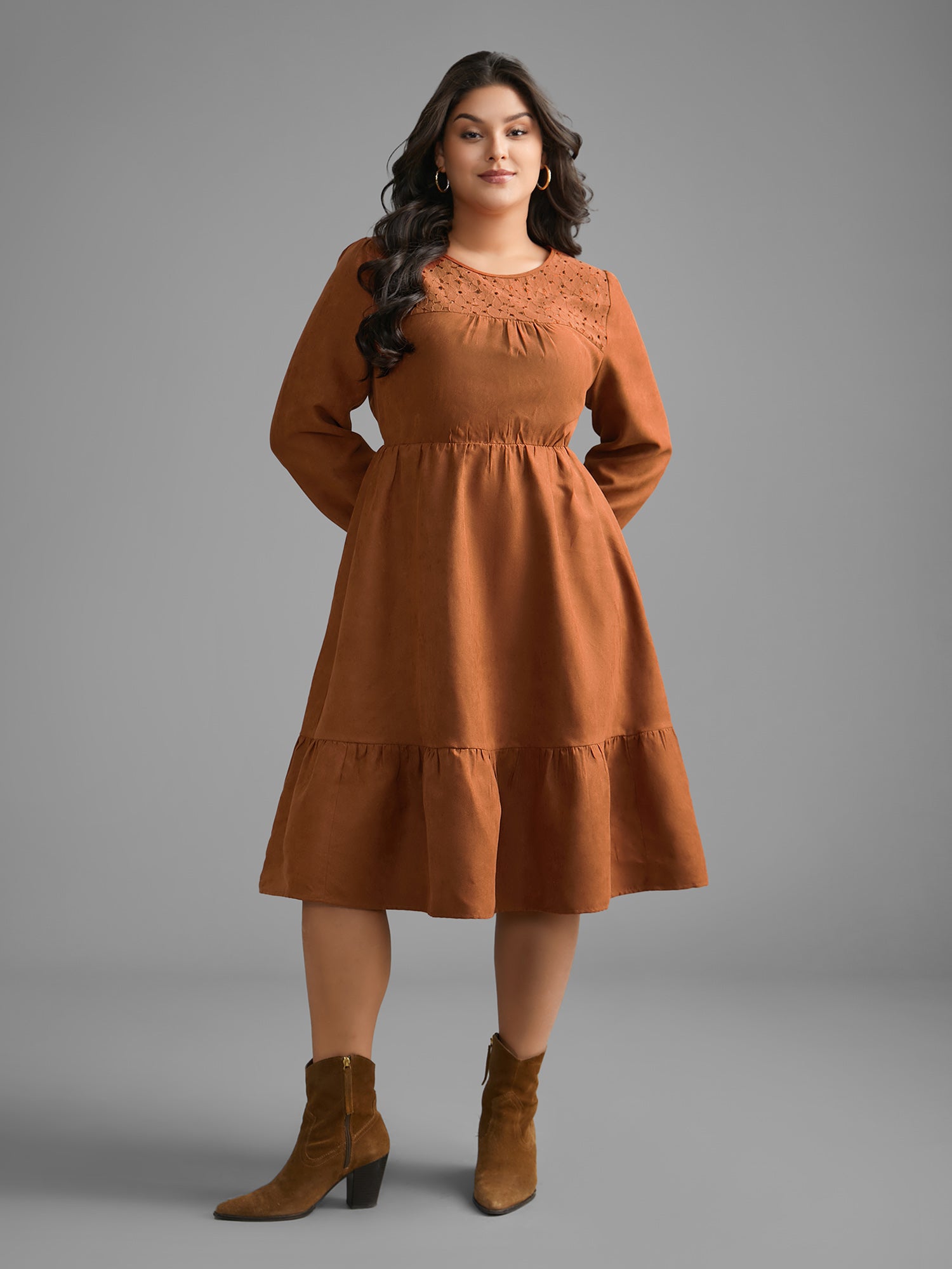 Faux Suede Lace Panel Lantern Sleeve Dress