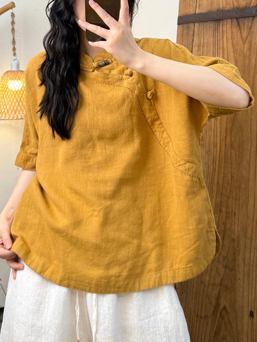 Women Summer Ethnic Pure Color Stand Collar Linen Shirt