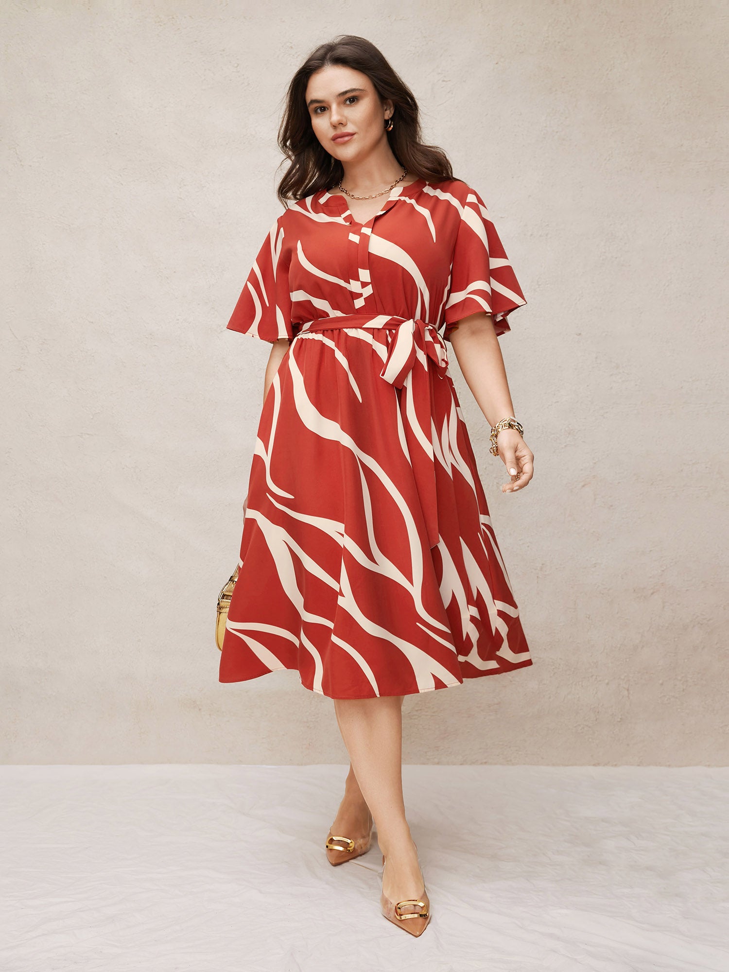 Geometric Surplice Neck Tie Knot Midi Dress