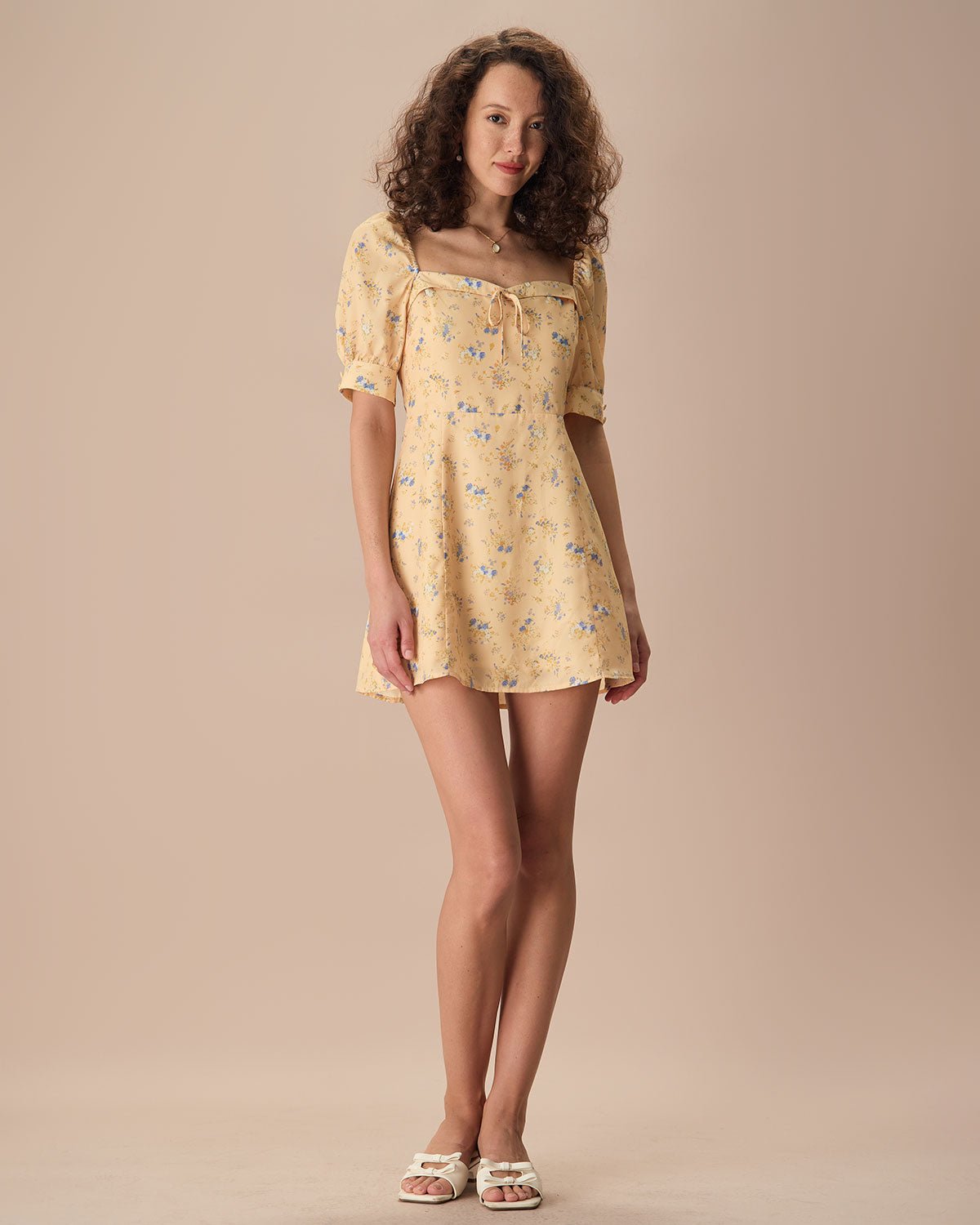 The Yellow Sweetheart Neck Floral Mini Dress