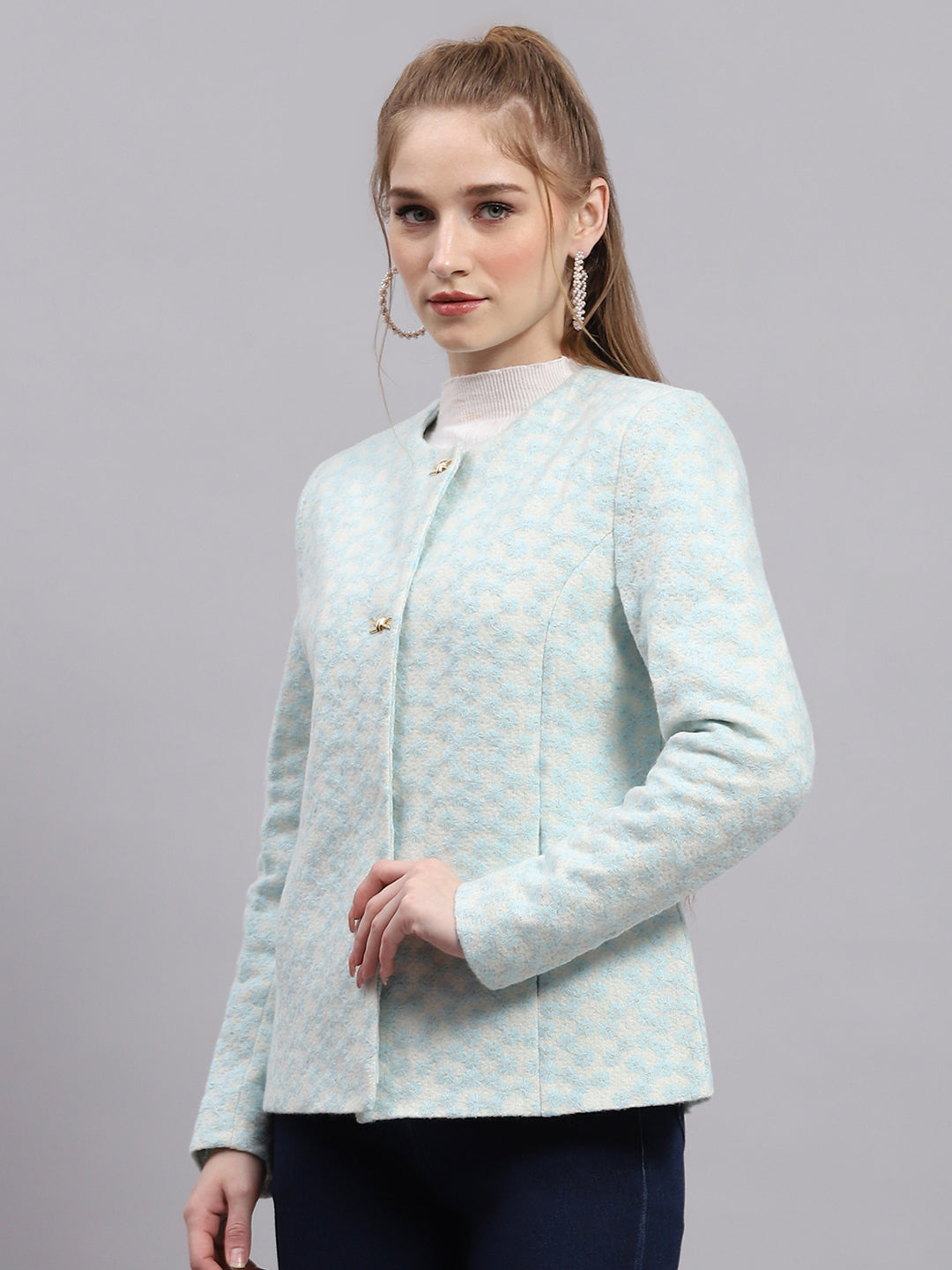 Women Blue Embroidered Round Neck Full Sleeve Coat