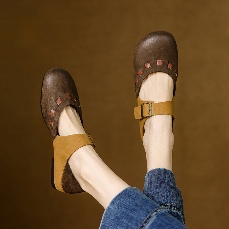 Distinctive Leather Mary Jane Flats Round Toe Buckle Strap Casual Shoes in Yellow Coffee/Yellow Brown