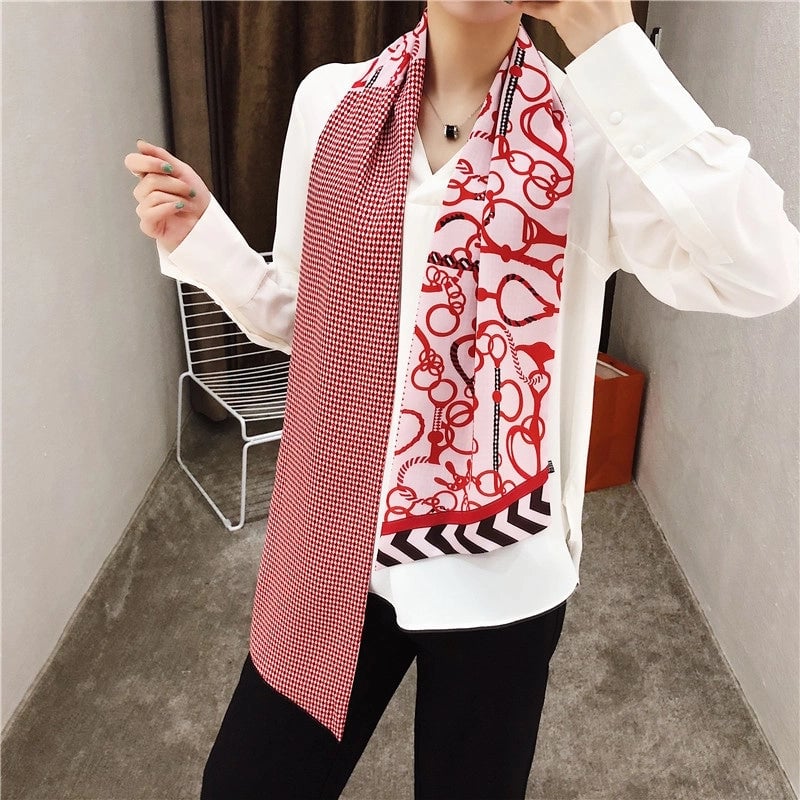 New Rope Belt Chain Double-layer Printing Silk Scarf Twill Long Silk Scarf Headscarf