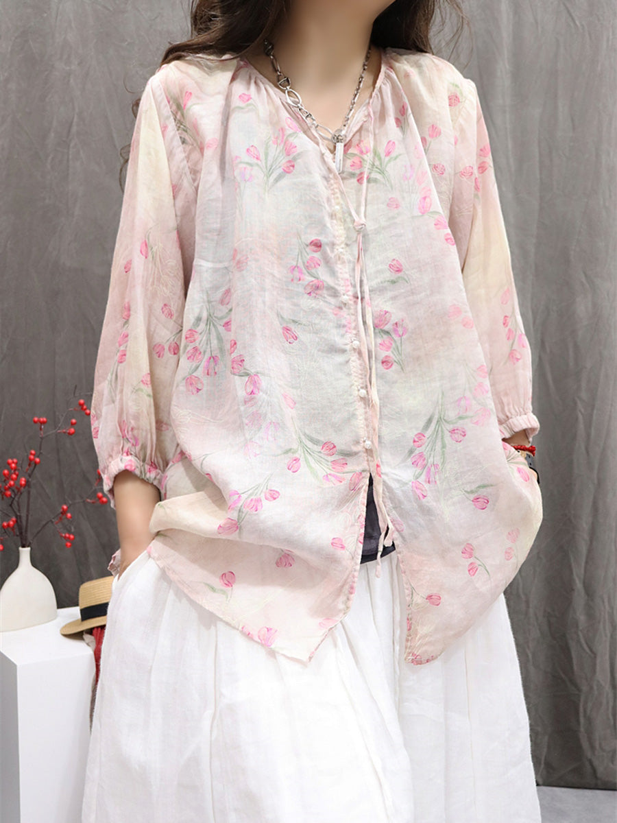 Women Summer Vintage Flower Hooded Ramie Shirt