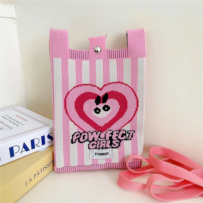 Women's Small Knit Cartoon Cute Bucket Lock Clasp Phone Wallets
