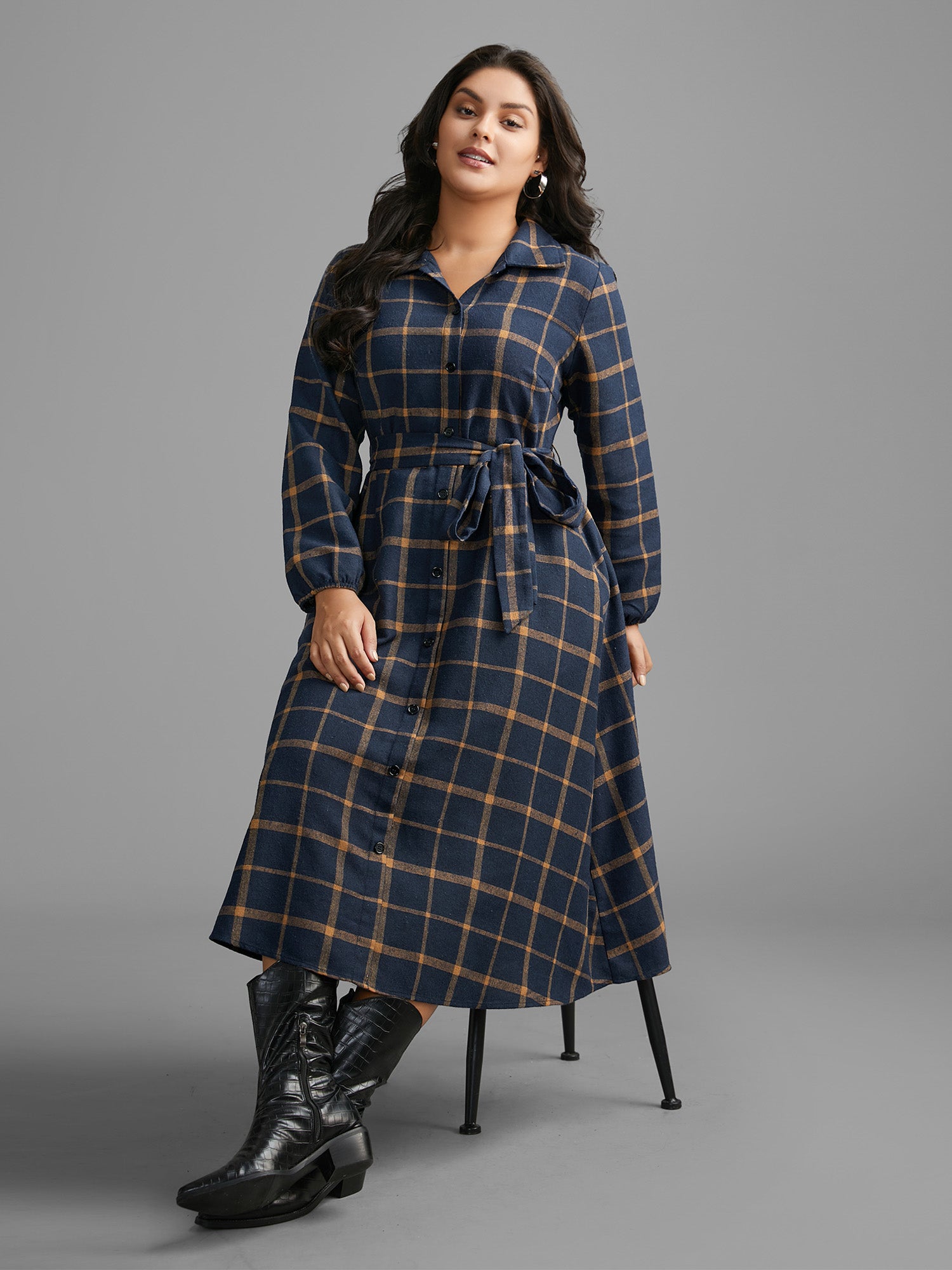 Plaid Button Through Belted Dress