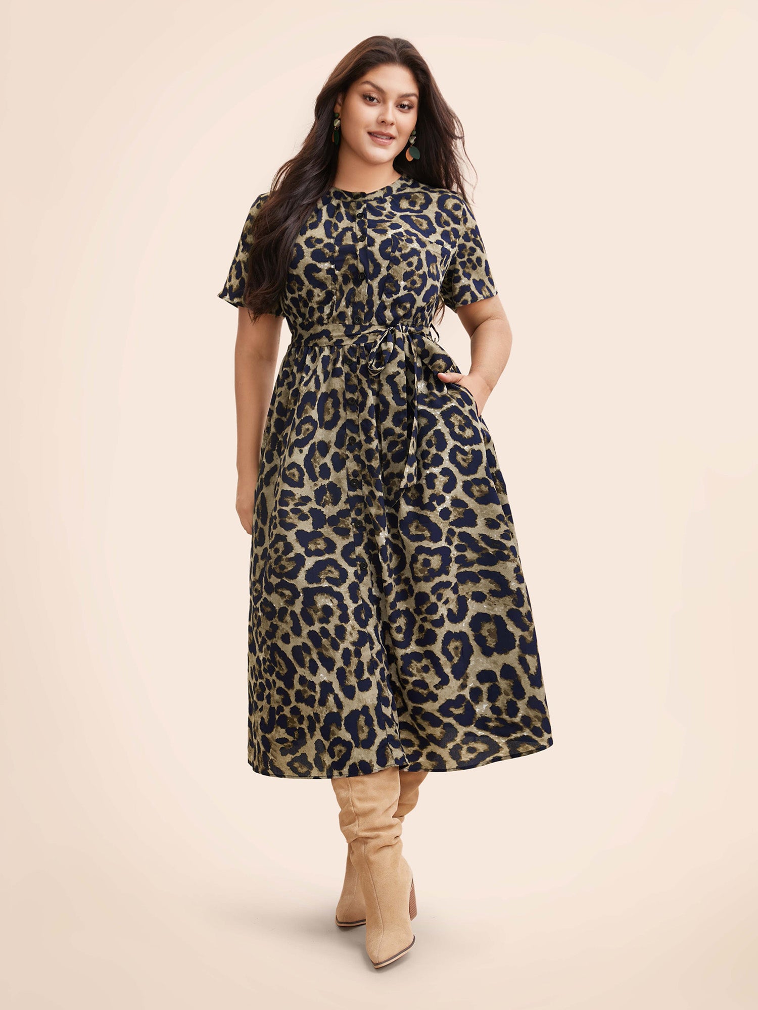 Leopard Print Slit Hem Belted Dress