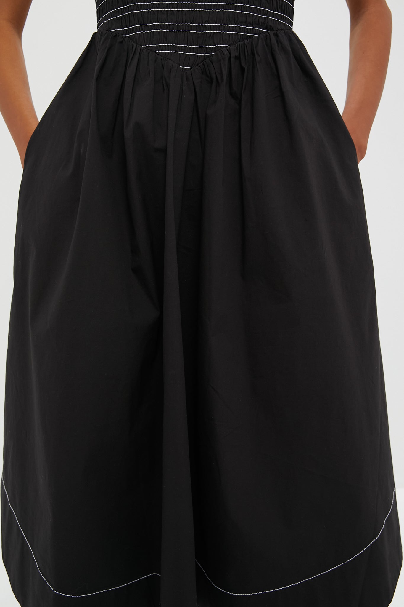Black Washed Stretch Cotton Smock Midi Dress