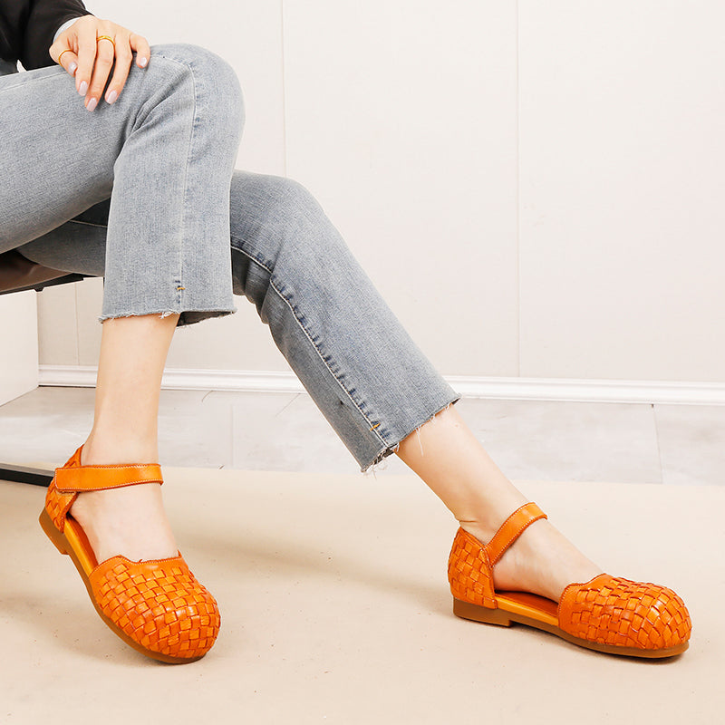 Handwoven Leather Closed Toe Flat Sandals Round Big Toe Mary Jane Shoes with Velcro Strap in Brown/Caramel