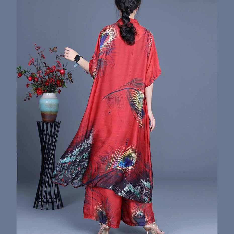 Summer 2024 Loose Silk Red Print Coat + Two Piece Pants