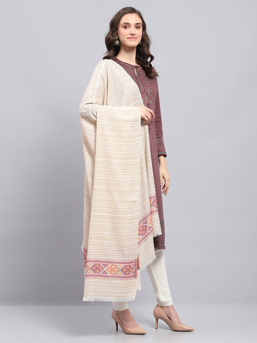 Women Beige Self Design Shawl